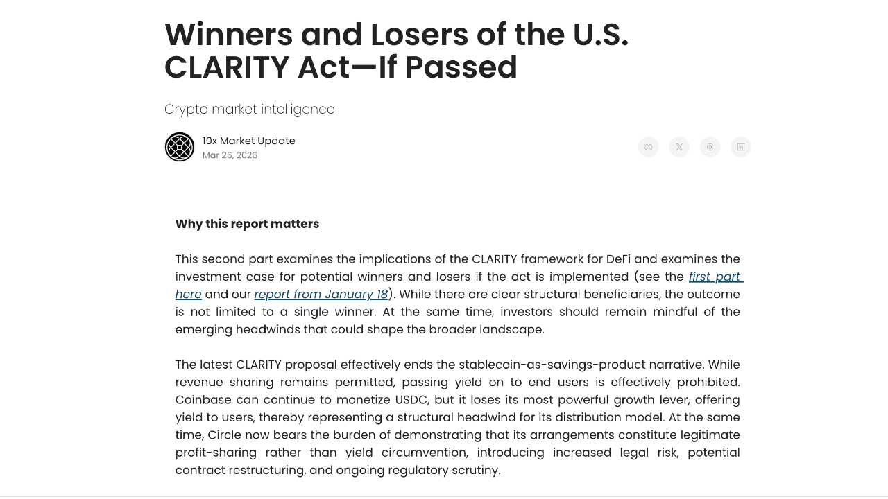 CLARITY法案收益禁令对DeFi代币造成阻力，10x Research表示